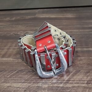 Jill Stuart Red Studded Belt with Silver Hardware